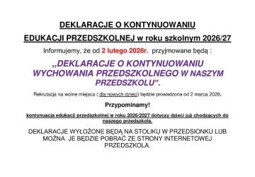 Deklaracje o kontynuowaniu edukacji przedszkolnej w roku szkolnym 2026/27