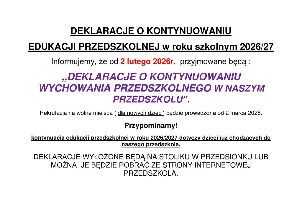 Deklaracje o kontynuowaniu edukacji przedszkolnej w roku szkolnym 2026/27